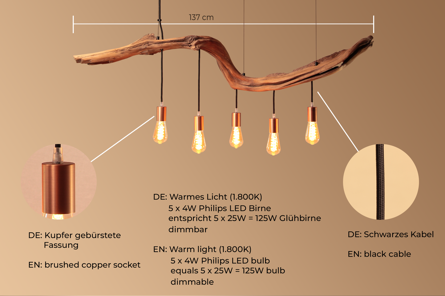 Dining table lamp / 137 cm oak branch / "Role of a lifetime"