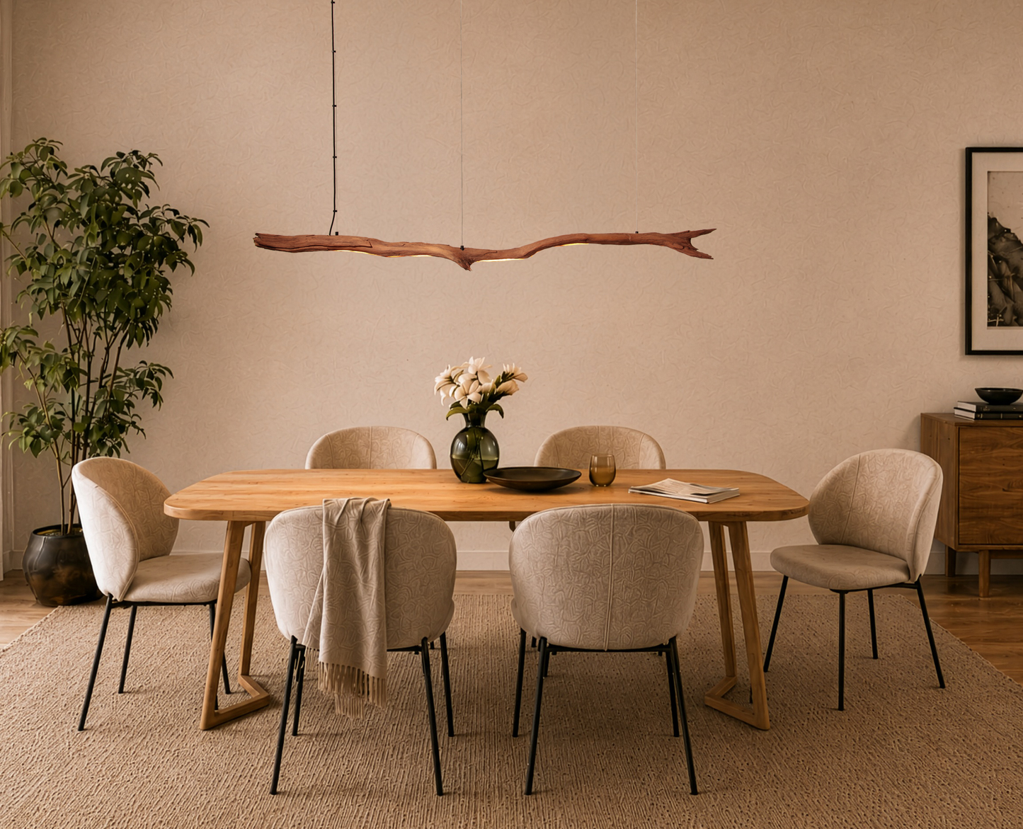 Lampe de table à manger - pièce unique fabriquée à la main - branche de chêne de 170 cm