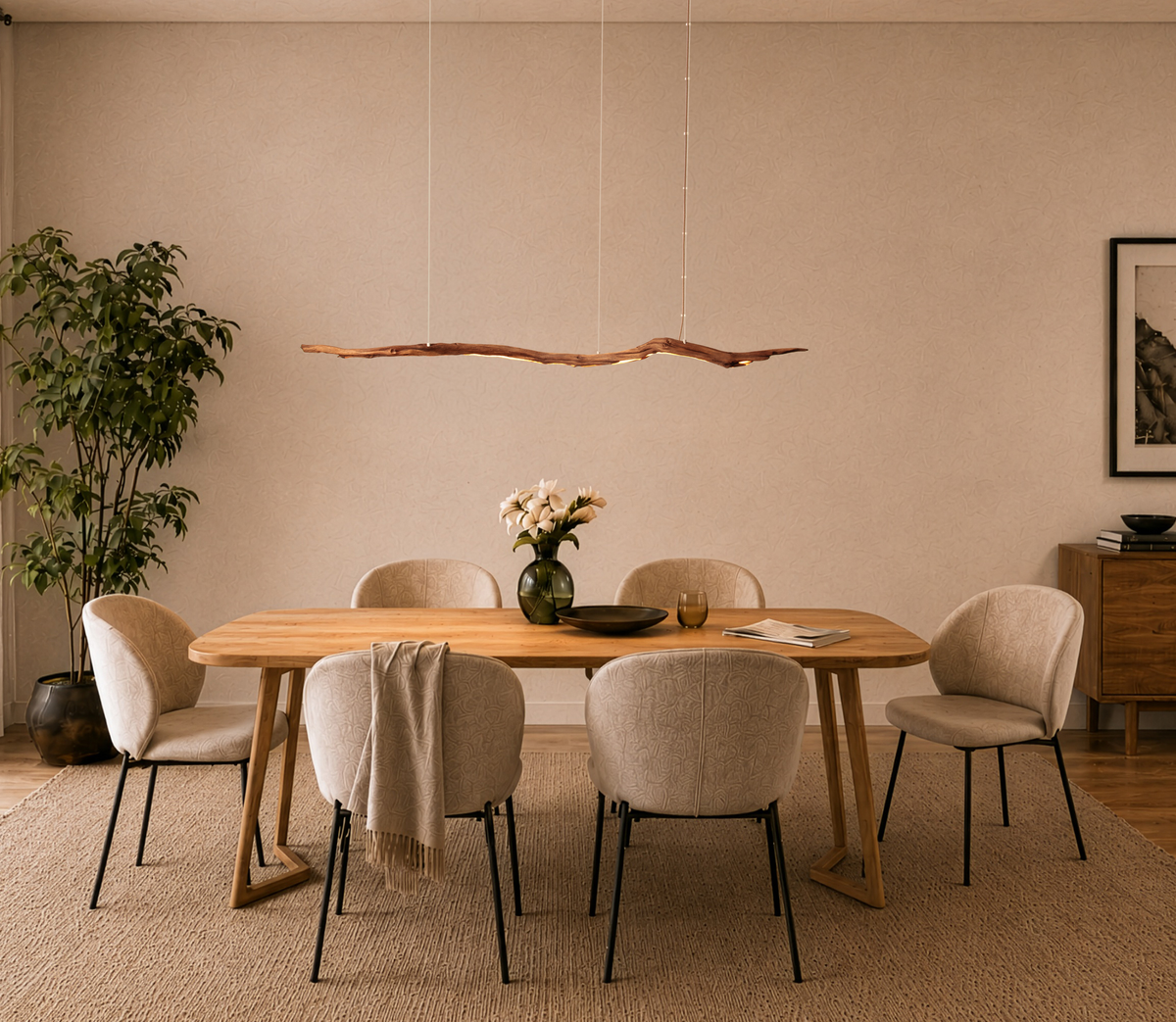 LED lampe de table à manger - fait main pièce unique - 183cm branche de chêne