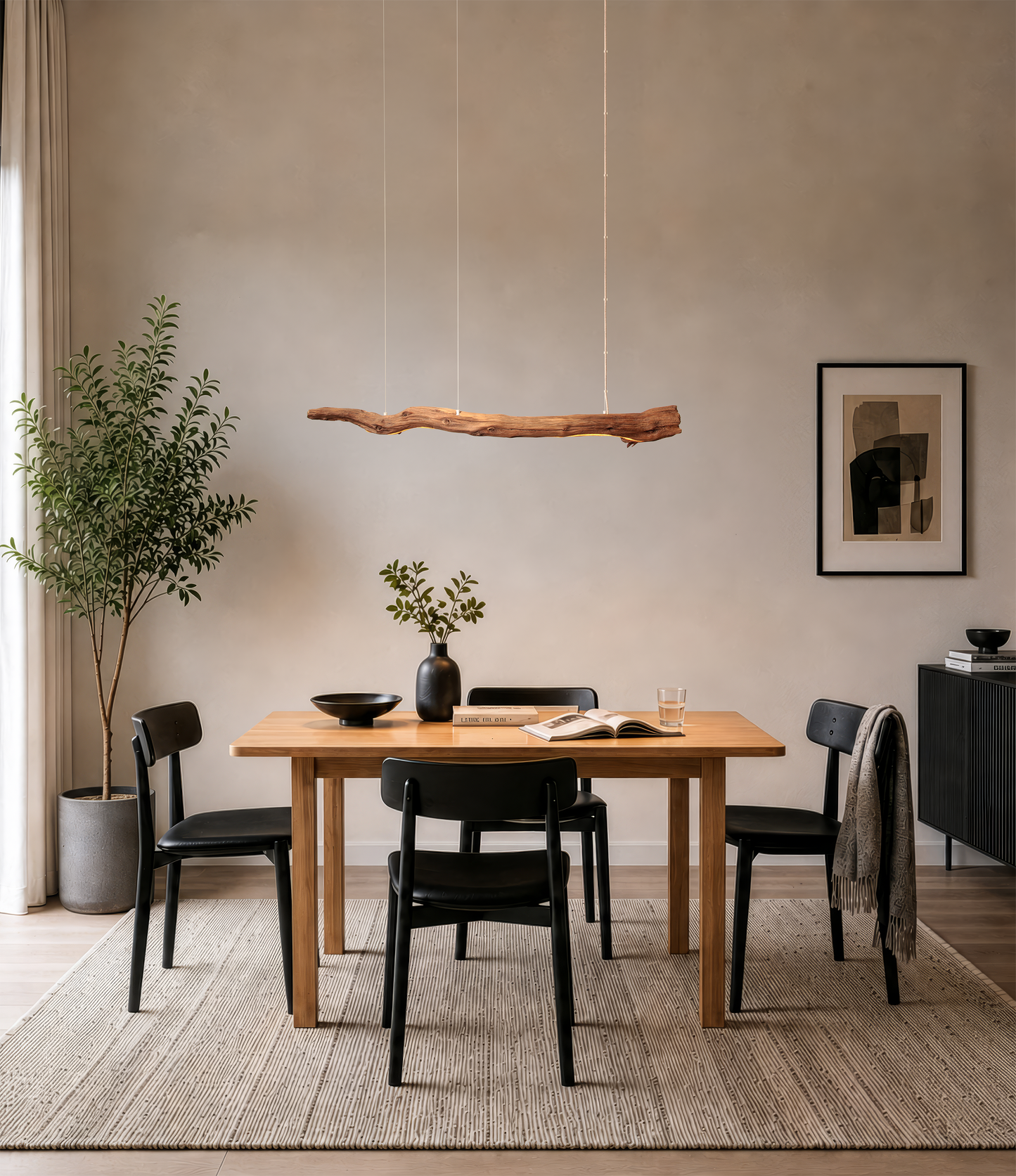 Lampada da tavolo da pranzo - pezzo unico fatto a mano - ramo di quercia di 128 cm