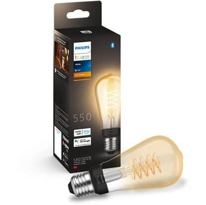 Philips Hue filament smart bulb with packaging, featuring 550 lumens and Bluetooth connectivity for smart home lighting.