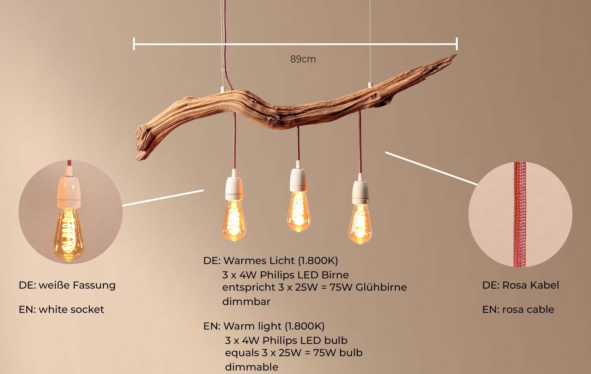 Hängelampe / 89cm langer Eichenast / Einzelstück / Holz / Ast / Pendelleuchte / Esstisch / Deckenlampe / Küchentischlampe / modern